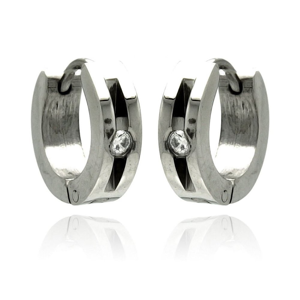 Stainless Steel Rhodium Plated Open Single Clear CZ Hoop Huggies Earrings